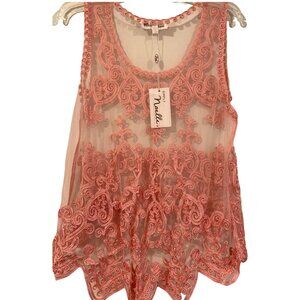 Simply Noelle‎ Tank Top Womens Large XL Sheer Embroidered Scallop Boho Festival